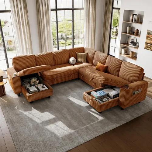 Miniatura 29 de LINSY HOME Sofá cama modular extraíble para sala de estar (beige, sofá cama 1) Sofá cama extraíble, almacenamiento, carga USB, portavasos, pana
