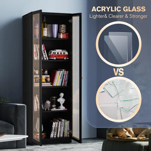 Miniatura 5 de Gabinetes Curio de metal de 5 niveles, gabinete moderno de 71 pulgadas de alto con 4 estantes ajustables, vitrina para oficina en casa, sala