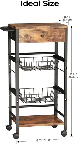Miniatura 7 de Organizador de cocina y carrito de almacenamiento con cajón de tela y asa práctica, carrito organizador de aperitivos con 2 cestas extraíbles y 2