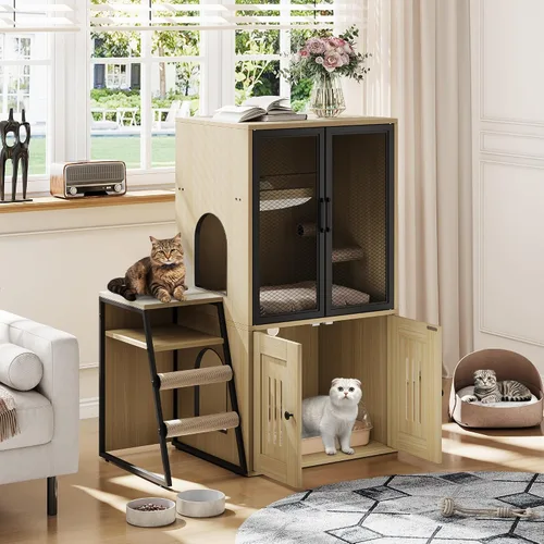 Caja de arena para gatos para 2 gatos y puertas, casa doble para gatos con espacio de almacenamiento, casa de juegos para gatos con hamaca y puerta