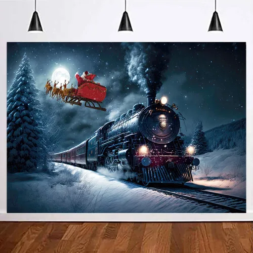 Miniatura 3 de Fondo de fotografía de tren de Navidad, tren nocturno de invierno, Papá Noel, fondo fotográfico para Navidad, Año Nuevo, fiesta infantil