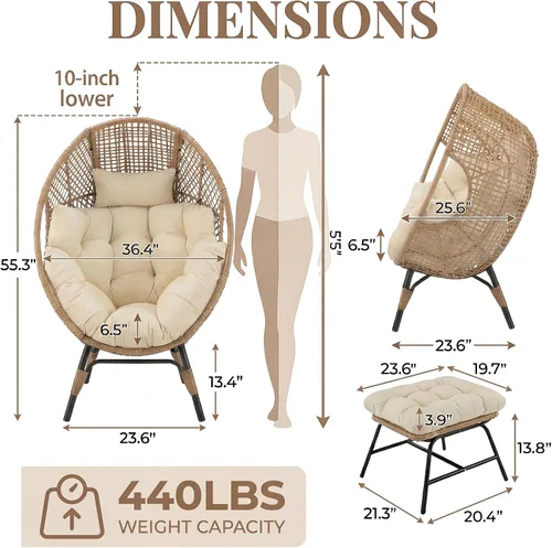 Miniatura 2 de NICESOUL Silla con forma de huevo de mimbre con otomano, silla de salón con cesta de huevo para interior y exterior con cojín, asiento de huevo