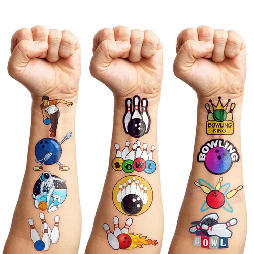 Miniatura 7 de 88 tatuajes temporales de boliche para niños, divertidas calcomanías de bola de boliche, recuerdos de fiesta de cumpleaños temática deportiva