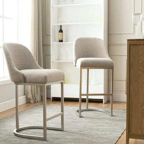 Miniatura 2 de Leick Home 10133PW/OL Taburete de bar con base de metal, juego de 2, para encimeras de cocina elevadas, mesas altas y bares, asiento moderno de lino