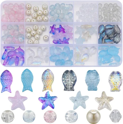 Miniatura 11 de SUNNYCLUE 1 Caja 540 piezas Kit de Cuentas Oceánicas Vidrio Verano Pez Estrella de Mar Dijes Azul Hawaii Animales Marinos Dije Cuentas de Semillas