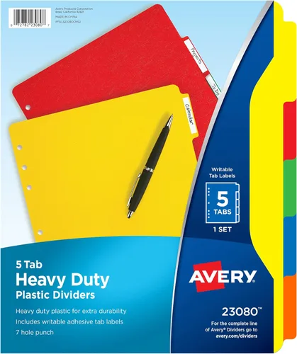 Avery Separadores de plástico resistentes para carpetas de 3 anillos y 7 carpetas de anillas, juego de 5 pestañas, multicolor con etiquetas blancas,