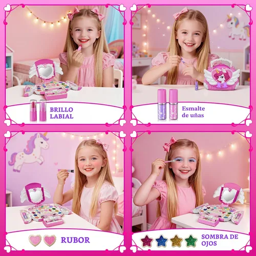 Miniatura 4 de Kit de maquillaje de unicornio para niños con espejo y correa, juego de cosméticos lavable real, bolso de maquillaje de unicornio lindo todo en 1
