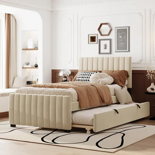 Miniatura 11 de SOFTSEA Cama de plataforma de tamaño matrimonial con nido, cama matrimonial tapizada con cabecero curvado para niños, adolescentes, invitados, tela