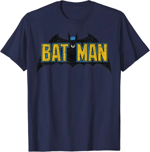 DC Comics Batman - Camiseta con logotipo de texto vintage envejecido, Azul Patchwork, S