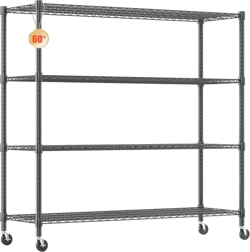 Homdox Estantes de almacenamiento de 60"W, estantería de alambre resistente de 4 niveles con ruedas, 2400LBS estantes de metal ajustables Negro
