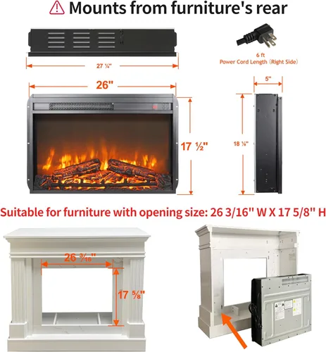 Miniatura 3 de Inserto de chimenea eléctrica de 26 pulgadas, brillo ajustable de 4 llamas, calentador de chimenea con control remoto, temporizador de 8 horas