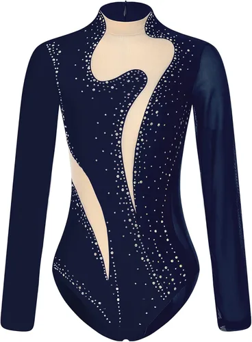 Miniatura 38 de iiniim Leotardo de malla para mujer, con diamantes de imitación, de malla, de manga larga, leotardos de gimnasia
