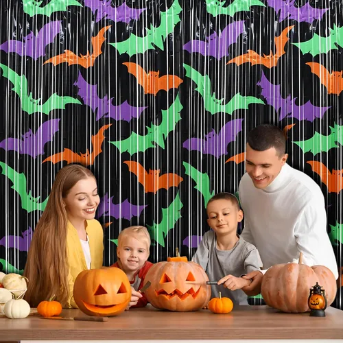 Miniatura 4 de Cortinas de flecos de aluminio negro para decoración de Halloween, paquete de 2 telón de fondo de oropel para accesorios de cabina de fotos