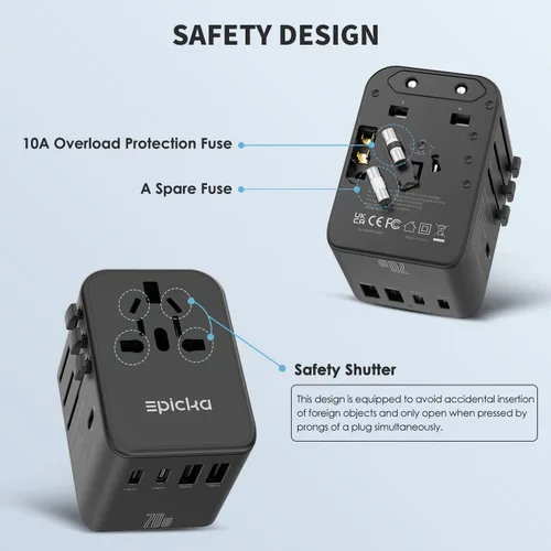 Miniatura 6 de EPICKA Adaptador de viaje universal, adaptador de enchufe internacional GaN con 3 USB-C de carga rápida PD de 70W y 2 USB-A todo en uno cargador