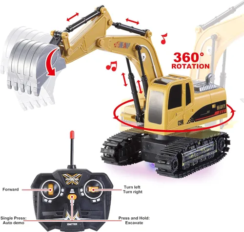 Miniatura 2 de JOYIN Juego de 2 vehículos de construcción a control remoto, excavadora RC accionada por fricción y camión volquete RC con luces y sonidos