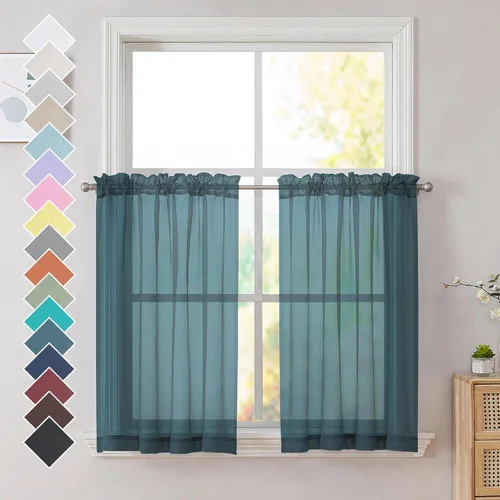 Miniatura 202 de OVZME - Cortinas traslúcidas blancas de 45 pulgadas de largo, 2 paneles, cortinas de gasa con bolsillo para barra para ventanas pequeñas, cada una