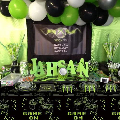 Miniatura 7 de Decoraciones de Fiesta de Videojuegos - 81 Piezas Decoraciones de Cumpleaños Gaming Verdes Incluye Platos Game On, Servilletas, Mantel para Niños