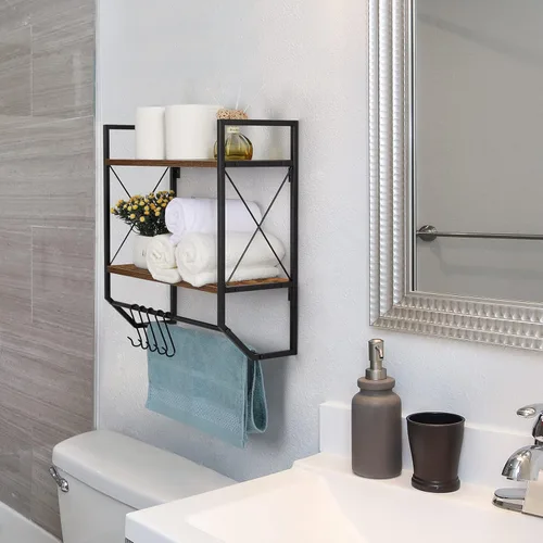 Miniatura 2 de Toallero de baño de 2 niveles con toallero, toallero rústico con estante para almacenamiento de pared con ganchos sobre estante de inodoro, estante