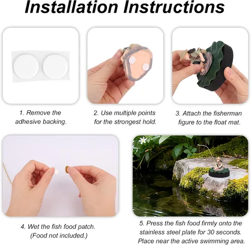 Miniatura 5 de Decoración flotante para pecera, figura de acuario de pescador con base de hoja de loto y caña de pescar divertido alimentador de peces estatua