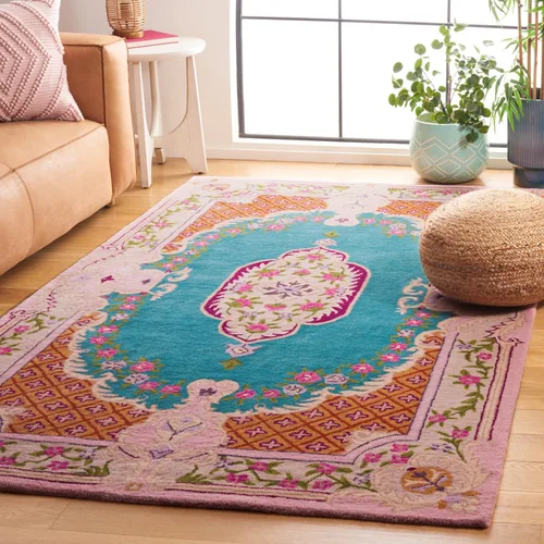 Miniatura 26 de SAFAVIEH Bellagio Collection - Alfombra decorativa de 2 x 3 pies, azul y rosa, hecha a mano de lana de medallón, ideal para zonas de alto tráfico