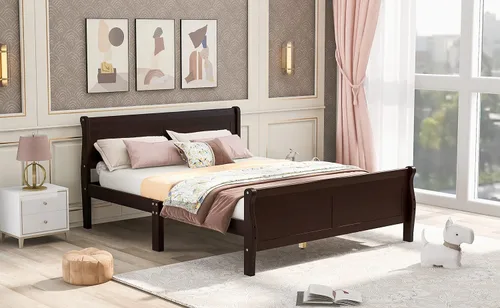 Miniatura 7 de Cama de plataforma de madera maciza tamaño matrimonial con cabecera y estribo de trineo, base de cama de plataforma de madera completa con Espresso