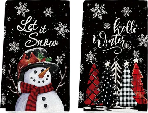 Artoid Mode Toallas de cocina de nieve negra Deja que nieve Árboles de Navidad ¡Hola invierno! Toallas de cocina, toallas de mano de decoración