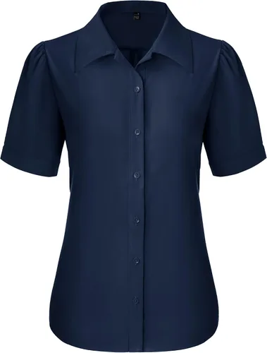 Miniatura 16 de Gleeivy Camisas de botones para mujer de manga corta abombada, camisas de vestir abotonadas con cuello ajustado, blusa superior de trabajo