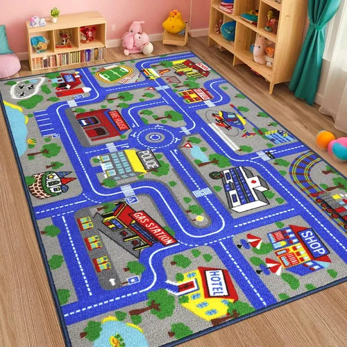 Miniatura 9 de Alfombra de juego para niños de 6.6 x 5.0 pies, alfombra azul para niños para autos de juguete, alfombra antideslizante de mapa de la ciudad