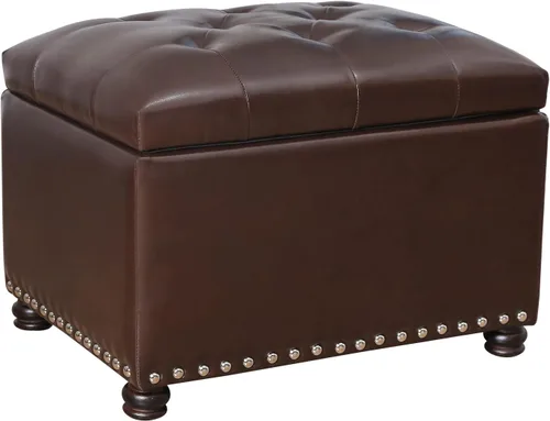 Miniatura 11 de Otomana de cuero con almacenamiento, 24 pulgadas, reposapiés otomanos con tapa con bisagras, taburetes tapizados rectangulares, con cabeza de clavo