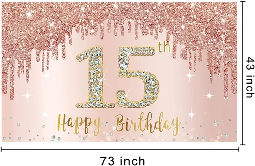 Miniatura 2 de Cartel de feliz cumpleaños número 15 para niñas, decoración de fondo de oro rosa para fiesta de cumpleaños número 15, póster de cumpleaños rosa