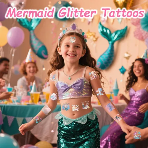 Miniatura 2 de Tatuajes de unicornio de sirena con purpurina para niñas, 180 tatuajes de mariposa individualmente con purpurina temporal para niños, diseño