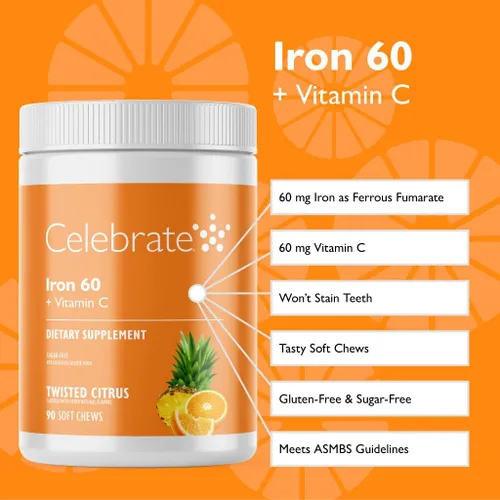 Miniatura 2 de Suplemento de Hierro Celebrate Vitamins con 60mg de Hierro y Vitamina C – Masticables de Cítricos para Pacientes Bariátricos, Soporte para Bypass