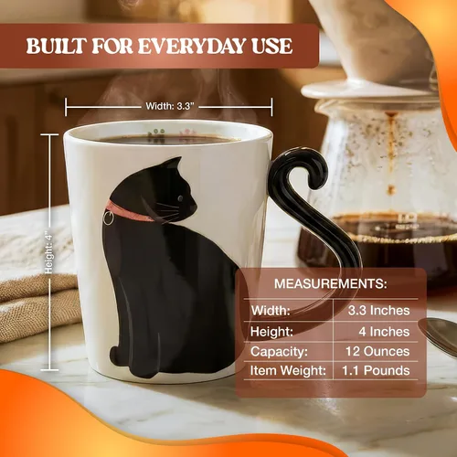 Miniatura 5 de VOTUM Taza de cerámica negra con gato blanco para café o té - Taza con forma de animal con diseños impresos a mano - Bonito regalo hecho a mano