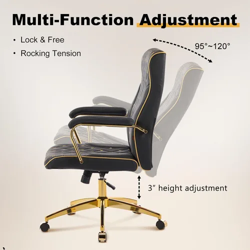 Miniatura 4 de Furniliving Silla de oficina negra y dorada, sillas de oficina de cuero, silla de tocador ajustable con patas doradas y reposabrazos acolchado, Negro