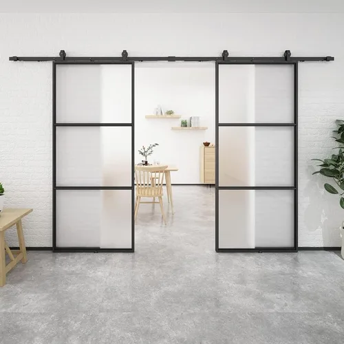 Miniatura 9 de BARNSMITH Puerta de granero de vidrio doble de 64 x 84 pulgadas con kit de herrajes montados en la parte superior de 11 pies, cierre suave, vidrio