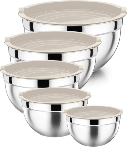 Miniatura 9 de P&P CHEF Juego de 5 cuencos para mezclar con tapas herméticas, 10 piezas de acero inoxidable, cuenco de metal con tapa para preparación y Varios