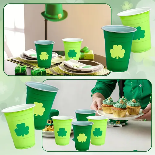 Miniatura 7 de FYSUIMU 50 vasos de plástico del día de San Patricio de 16 onzas desechables con trébol verde, vasos apilables para fiestas irlandesas, suministros