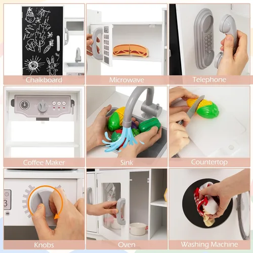 Miniatura 2 de Costzon Cocina de Jugar de Rincón con Luces, Sonidos, Gran Juego de Cocina de Pretensión con Pizarra, Microondas, Accesorios de Cocina, Juguete