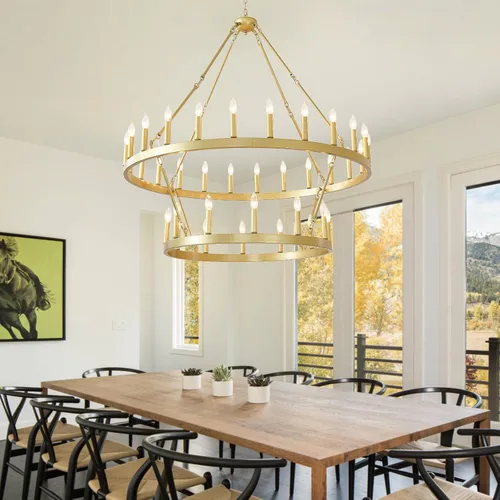 Miniatura 7 de EGM Candelabro dorado de 48 pulgadas con rueda de carro de 2 niveles, 36 luces grandes de color dorado cepillado estilo granja, lámparas de techo