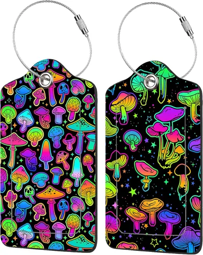 Paquete de 2 etiquetas de equipaje de hongos coloridos para maletas, setas brillantes, maletas de cuero, etiqueta de identificación, cubierta de