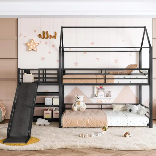 Miniatura 3 de Bellemave Litera individual sobre cama individual con tobogán, litera de piso para niños con escaleras de almacenamiento y barandilla de longitud