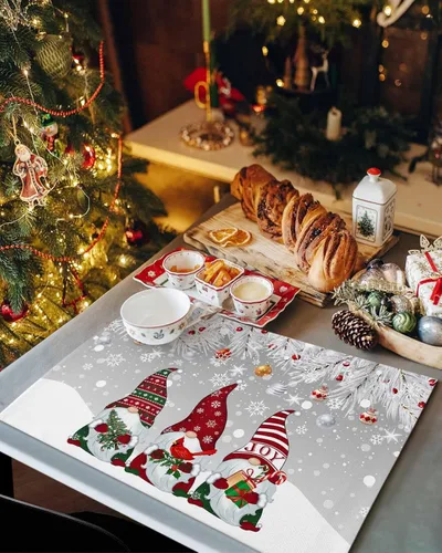 Miniatura 2 de Juego de 1 mantel individual gris de Navidad, manteles individuales de enanos de invierno y cardenales antideslizantes, manteles individuales