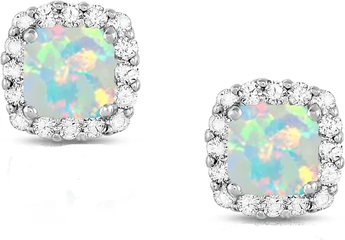 Savlano Aretes tipo dormilona chapados en oro blanco de 14 quilates, circonita cúbica cuadrada de 0.394 pulgadas, con ópalo de fuego blanco, vienen