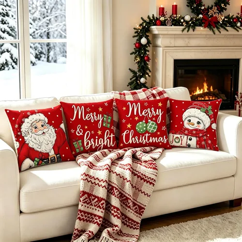 Miniatura 3 de Juego de 4 fundas de almohada rojas de 18 x 18 pulgadas, diseño de Papá Noel, muñeco de nieve, Feliz Navidad, para sofá, decoración de vacaciones
