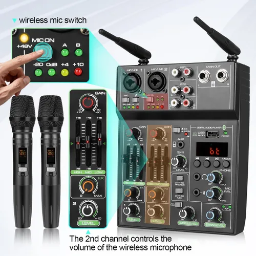 Miniatura 4 de Depusheng Mezclador de audio profesional, mezclador de sonido de 4 canales con micrófono inalámbrico dual, consola de tablero de sonido, MP3