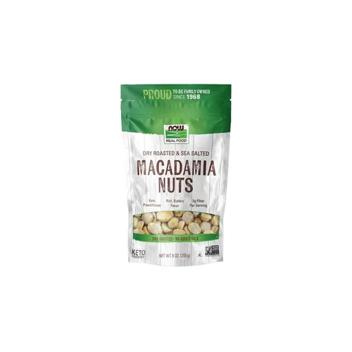 NOW Foods, Nueces de macadamia, tostadas en seco con sal marina, fuente de fibra, sin gluten y certificadas sin OMG, 9 onzas (el embalaje puede