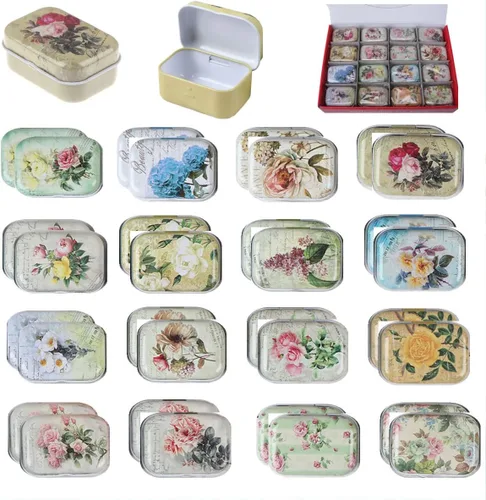 Miniatura 14 de 8 piezas de mini flores de estaño organizador de joyas caja de almacenamiento cajas decorativas pequeñas latas de metal floral con tapas