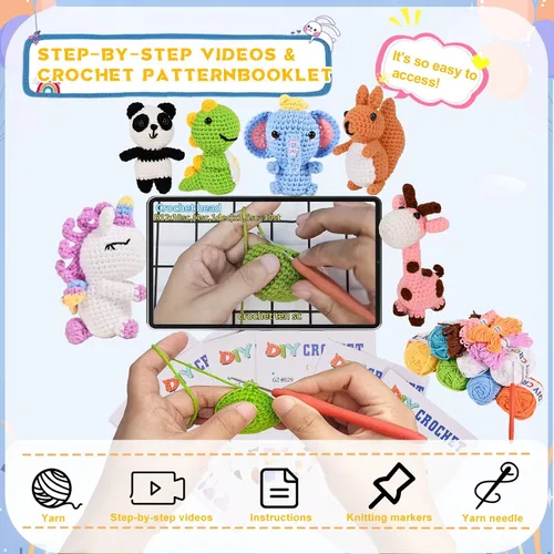 Miniatura 4 de Alutaba Kit de ganchillo de 6 piezas para principiantes, kits de animales de ganchillo para adultos con tutoriales de videos paso a paso, kit