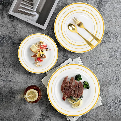 Miniatura 6 de MCIRCO - Platos de plástico dorados, 100 platos desechables de fiesta para bodas, platos de borde dorado de primera calidad, incluye 50 platos