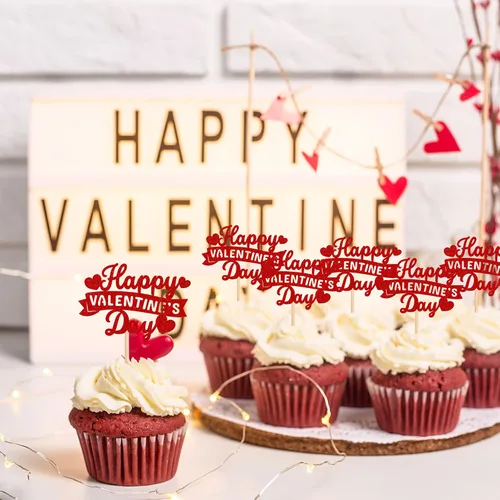 Miniatura 5 de Rsstarxi Paquete de 24 adornos para cupcakes para el día de San Valentín, con purpurina roja, dulce amor, para cupcakes, decoración de San Valentín